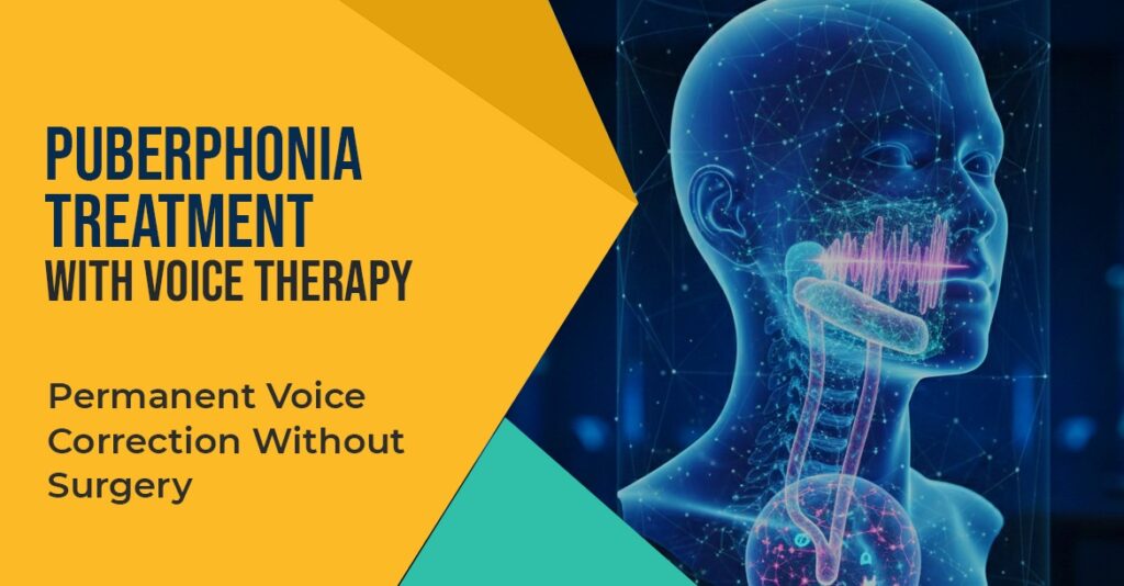 Puberphonia treatment with voice therapy showing vocal cords and sound wave visualization, highlighting permanent voice correction without surgery.