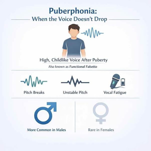 Infographic explaining puberphonia, a condition where the voice does not drop after puberty, showing high-pitched childlike voice, pitch breaks, unstable pitch, vocal fatigue, more common in males and rare in females.