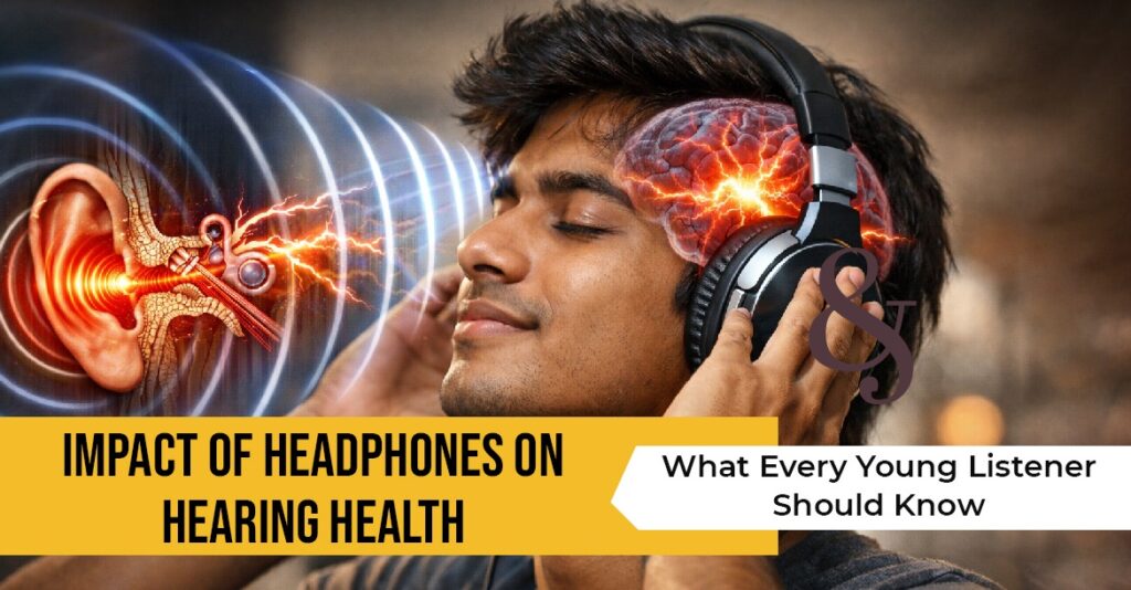 Impact of headphones on hearing health showing sound waves affecting the ear and brain