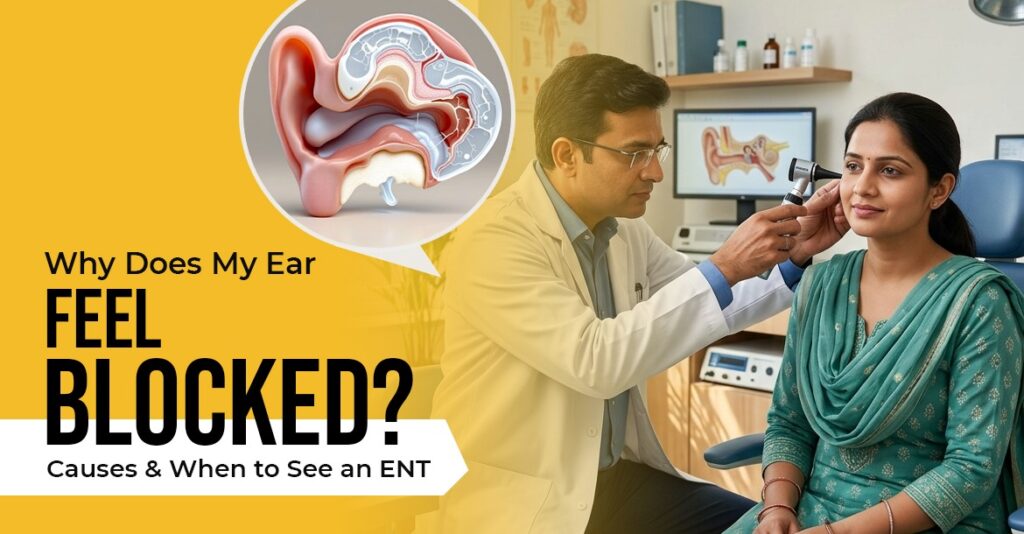 Blocked ear causes and symptoms illustration with ear pressure and wax buildup